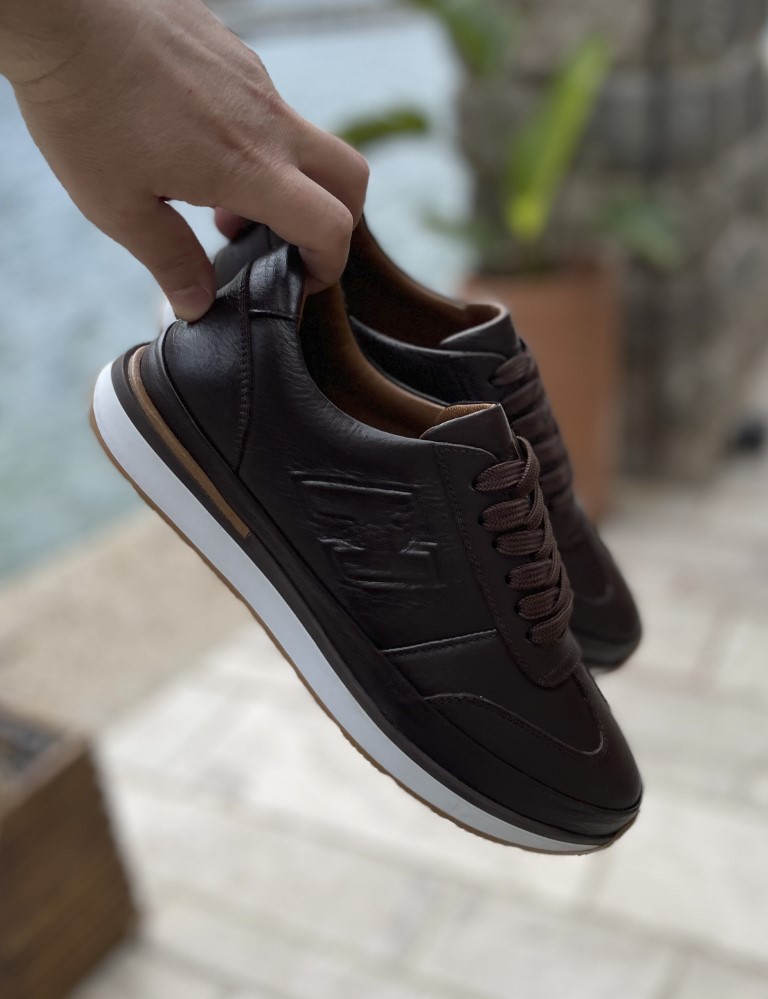 Ανδρικά καφέ δερμάτινα casual Sneakers με ανάγλυφο σχέδιο HG175543K φωτογραφία